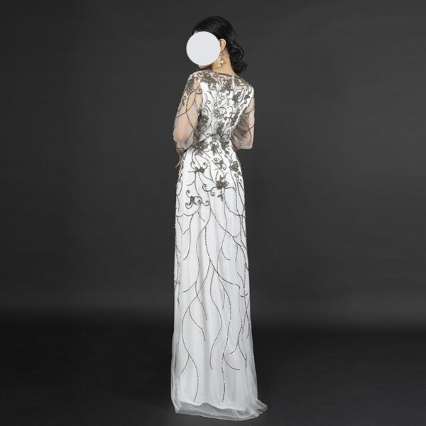 Elegant White Evening Gown with Silver Floral Beaded Embroidery - Half Sleeve Formal Dress for Gala, Wedding & Red Carpet Events