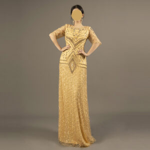 Gold Beaded Evening Gown for Mother of the Bride – Elegant Half Sleeve Formal Dress with Geometric Hand Embroidery