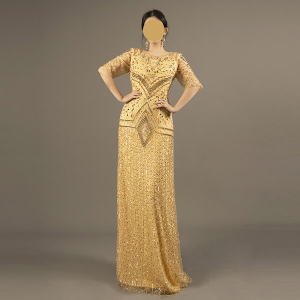 Gold Beaded Evening Gown for Mother of the Bride – Elegant Half Sleeve Formal Dress with Geometric Hand Embroidery