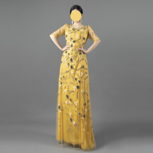 Elegant Yellow Floral Beaded Evening Dress – Half Sleeve Mother of the Bride Gown with 3D Embroidery and Tulle Overlay