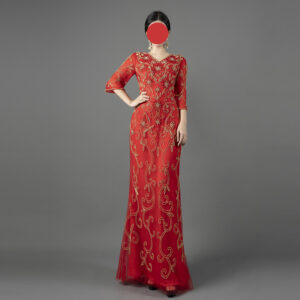 Luxury Red Evening Gown with Gold Floral Embroidery - Half Sleeve V-Neck Formal Dress