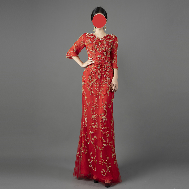 Luxury Red Evening Gown with Gold Floral Embroidery - Half Sleeve V-Neck Formal Dress