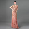 Elegant Coral Pink Evening Gown with Floral Beaded Embroidery - Flutter Sleeve V-Neck Formal Dress for Gala, Wedding & Prom Events