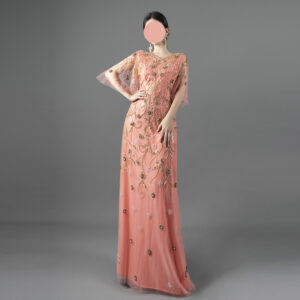 Elegant Coral Pink Evening Gown with Floral Beaded Embroidery - Flutter Sleeve V-Neck Formal Dress for Gala, Wedding & Prom Events