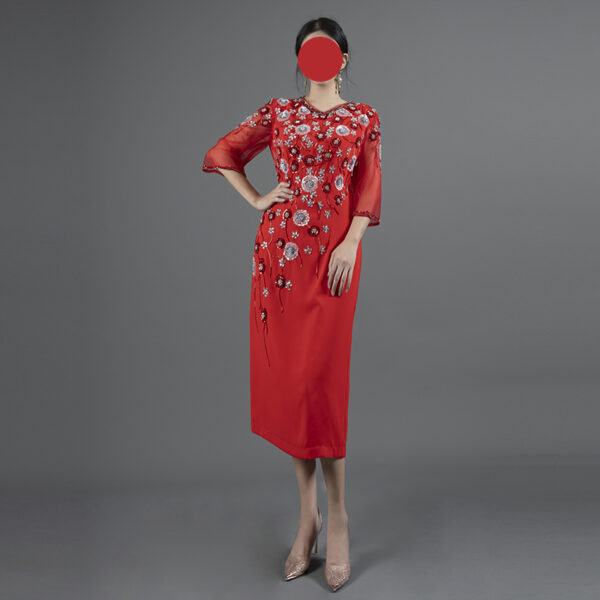 Red Hand-Beaded Cocktail Dress with Floral Embellishments