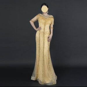 Glamorous Gold Fringe Evening Gown with Sequin Embroidery - Half Sleeve Mermaid Formal Dress for Gala