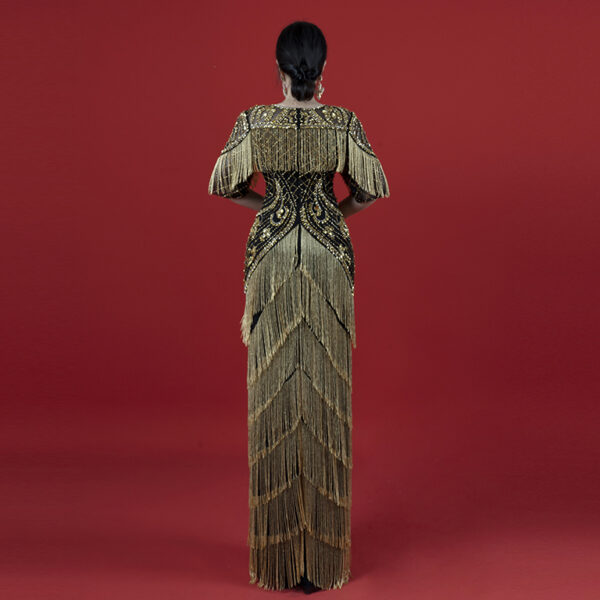 Roaring 20s Black & Gold Fringe Jumpsuit - Art Deco Beaded Flapper Outfit for Gatsby Theme, Gala & Vintage Events
