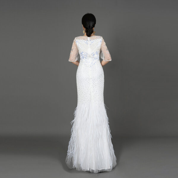 Glamorous White Feather-Trimmed Evening Gown with Beaded Sheer Sleeves - Mermaid Formal Dress