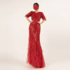 Glamorous Red Sequin & Feather Evening Gown - Half Sleeve Mermaid Formal Dress