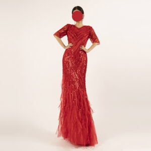 Glamorous Red Sequin & Feather Evening Gown - Half Sleeve Mermaid Formal Dress