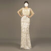Luxury Gold Hand Beaded Evening Dress – Long Gown with Tassel Sleeves for Gala or Event