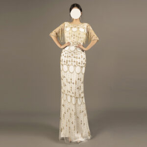 Luxury Gold Hand Beaded Evening Dress – Long Gown with Tassel Sleeves for Gala or Event