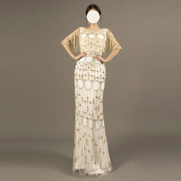 Luxury Gold Hand Beaded Evening Dress – Long Gown with Tassel Sleeves for Gala or Event