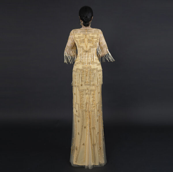 Roaring 20s Gold Fringe Evening Gown – Art Deco Beaded Flapper Dress with Tassel Sleeves for Gatsby Theme, Gala & Vintage Events