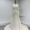 Exquisite High Neck 3D Floral Embellished White Gown with Long Train