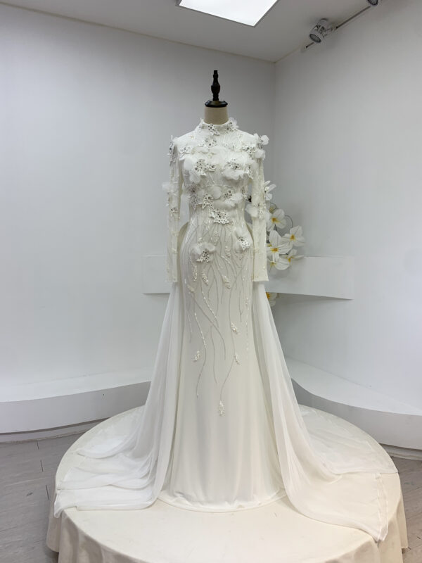 Exquisite High Neck 3D Floral Embellished White Gown with Long Train