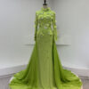 lime green mermaid dress evening gown with 3D floral applique long sleeves