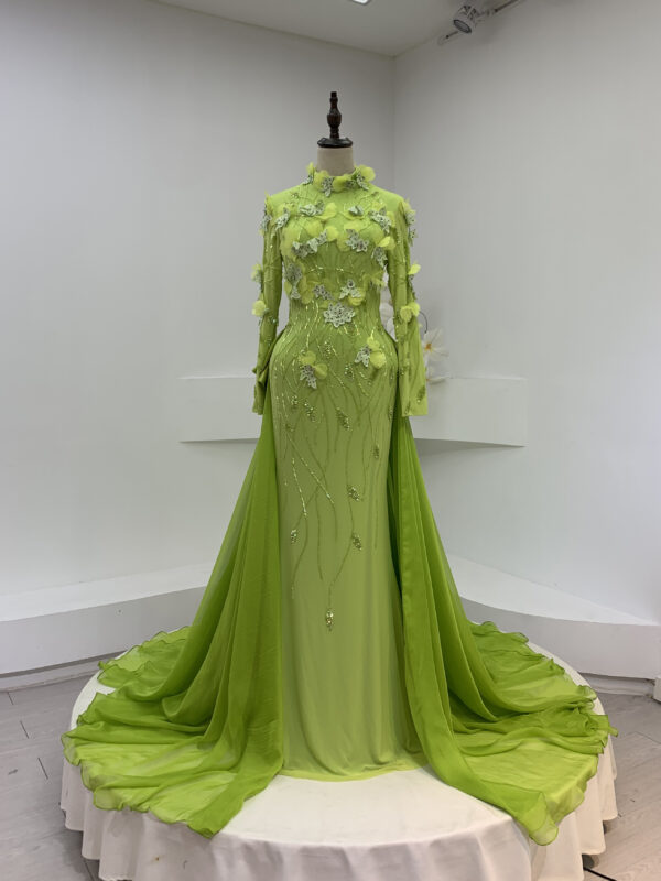 lime green mermaid dress evening gown with 3D floral applique long sleeves