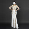 White Gold Beaded Evening Gown – Elegant Kaftan Style Formal Dress with Sheer Sleeves & Front Slit