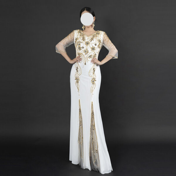 White Gold Beaded Evening Gown – Elegant Kaftan Style Formal Dress with Sheer Sleeves & Front Slit