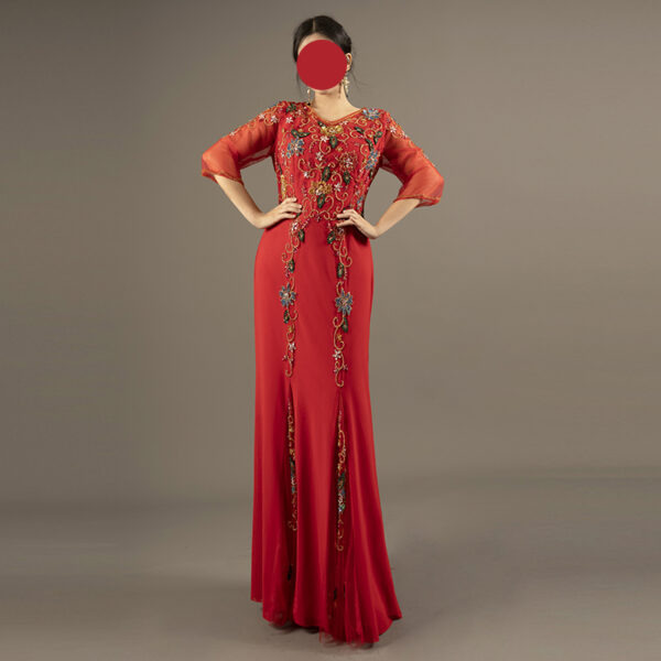 Red Beaded Evening Gown – Elegant Formal Dress with Sheer Sleeves & Front Slits for Weddings & Parties