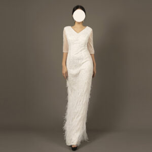 Women White Feather Beaded Evening Dress Sheer Embellished Formal Gown with Feather Hem