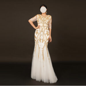 White and Gold Formal Evening Dress with Handmade Embroidery