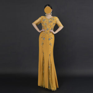 Yellow Prom & Evening Gown with Handmade Silver Floral Embroidery
