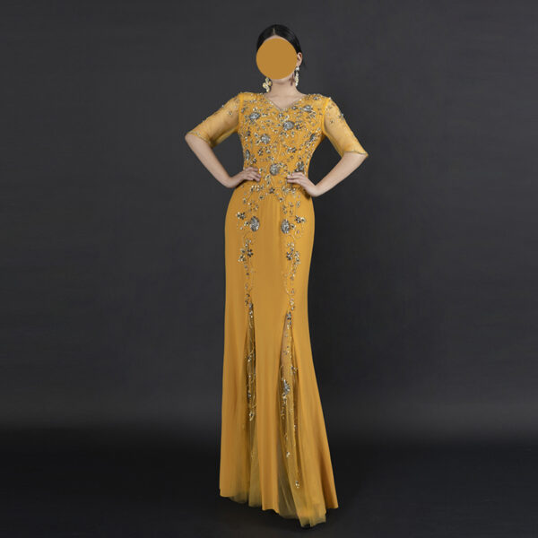 Yellow Prom & Evening Gown with Handmade Silver Floral Embroidery