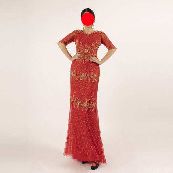Red Gold Beaded Mermaid Evening Dress - Elegant Formal Prom Gown