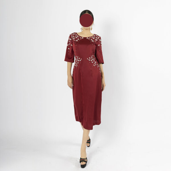 Women's Red Midi Dress with Beaded Floral Embroidery - Elegant Cocktail Event Wear