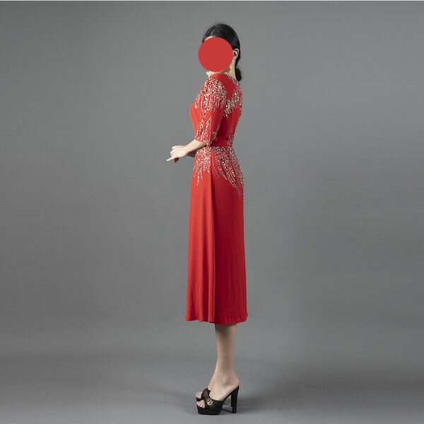 Red Midi Dress with Crystal Beaded Embroidery - Elegant Cocktail & Party Gown