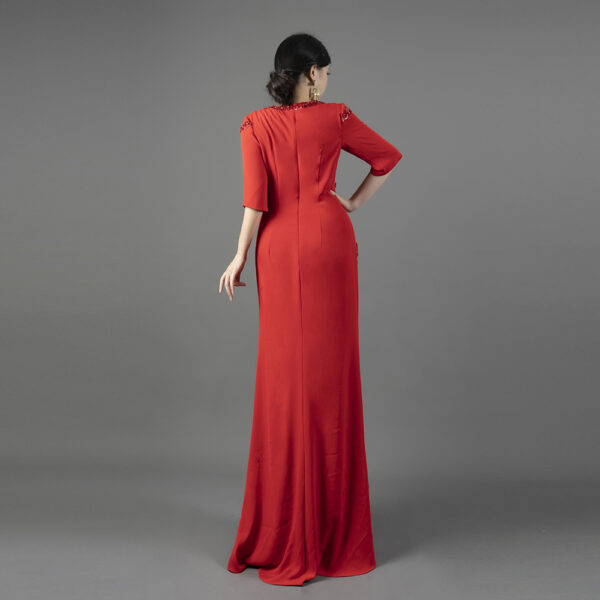 Red Beaded Evening Gown with Handcrafted Embellishments