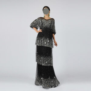 Elegant Black & Silver Ombre Sequin Evening Dress - Tiered Mesh Design with Puff Sleeves for Gala & Parties