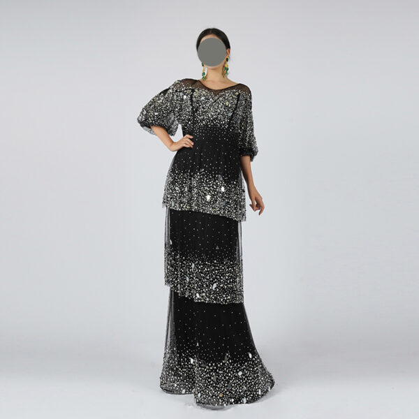 Elegant Black & Silver Ombre Sequin Evening Dress - Tiered Mesh Design with Puff Sleeves for Gala & Parties