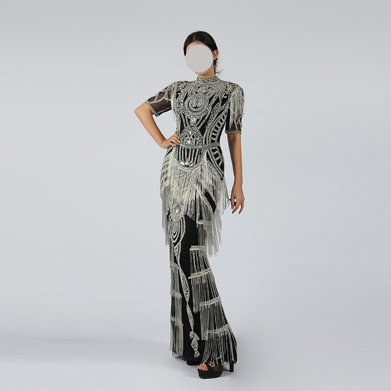 Luxury Black & Gold Beaded Fringe Evening Gown - Art Deco Inspired High Neck Formal Dress with Intricate Embroidery