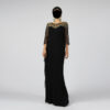 Elegant Black Evening Gown with Gold Beaded Neckline and Sheer Bell Sleeves - Formal Maxi Dress with Chiffon Drape