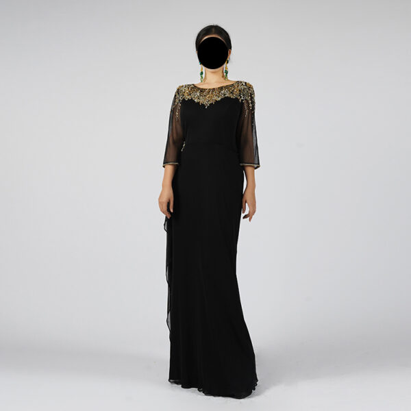 Elegant Black Evening Gown with Gold Beaded Neckline and Sheer Bell Sleeves - Formal Maxi Dress with Chiffon Drape