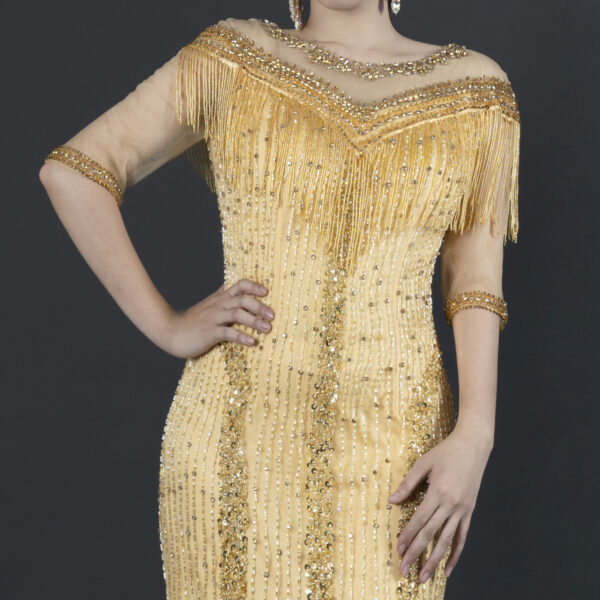 Glamorous Gold Fringe Evening Gown with Sequin Embroidery - Half Sleeve Mermaid Formal Dress for Gala