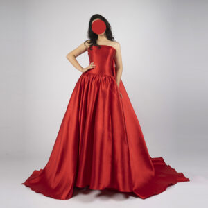Red Satin Strapless Ball Gown with Dramatic Train - Elegant Formal Evening Dress for Prom & Gala Events