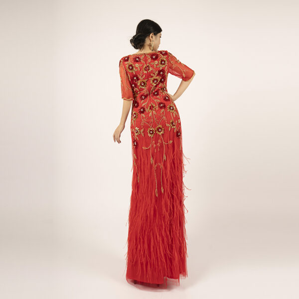 Luxury Red Feather Evening Dress with Gold Floral Embroidery & Rhinestones - Half Sleeve Formal Gown for Gala, Wedding & Red Carpet Events