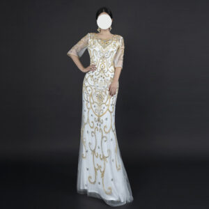 Glamorous White Evening Gown with Gold & Silver Beaded Embroidery - Half Sleeve Mermaid Formal Dress for Gala, Red Carpet & Luxury Occasions