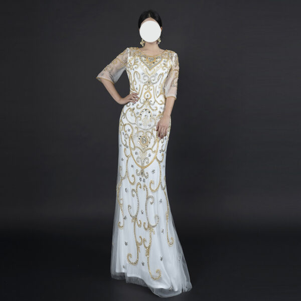 Glamorous White Evening Gown with Gold & Silver Beaded Embroidery - Half Sleeve Mermaid Formal Dress for Gala, Red Carpet & Luxury Occasions