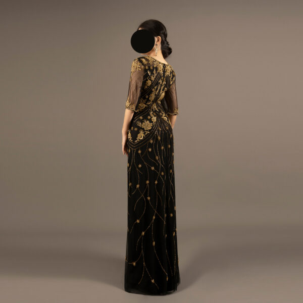 Elegant Black and Gold Embroidered Evening Gown – Mother of the Bride Dress with Sheer Sleeves