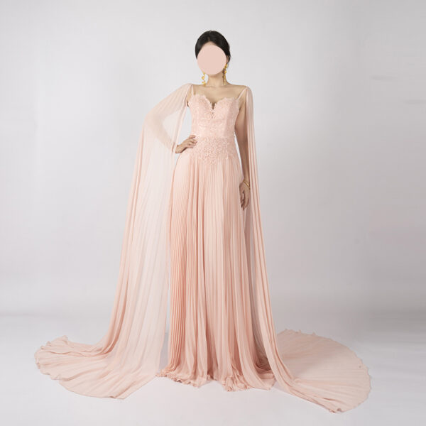 Luxury Blush Pink Lace-Embellished Gown with Dramatic Sheer Cape Formal Dress for Arabic Weddings