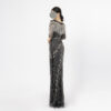 Black Beaded Evening Gown with Vintage Art Deco Pattern and Fringe Details