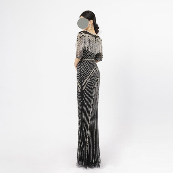 Black Beaded Evening Gown with Vintage Art Deco Pattern and Fringe Details