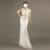 White Mermaid Evening Gown with Gold Embroidery – Elegant Half Sleeve Dress