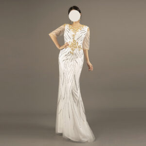 White Mermaid Evening Gown with Gold Embroidery – Elegant Half Sleeve Dress