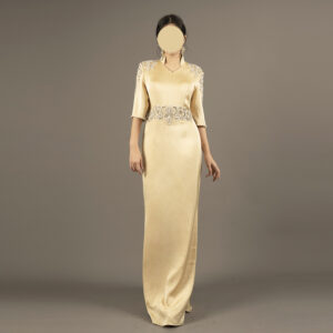 Champagne Gold Evening Gown with Shoulder & Waist Embroidery – Elegant Formal Dress